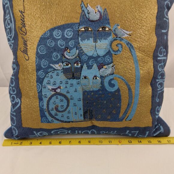 Laurel Burch Blue Indigo Cats Tapestry Throw Pillow Metallic Gold Accents 17" - Picture 13 of 13